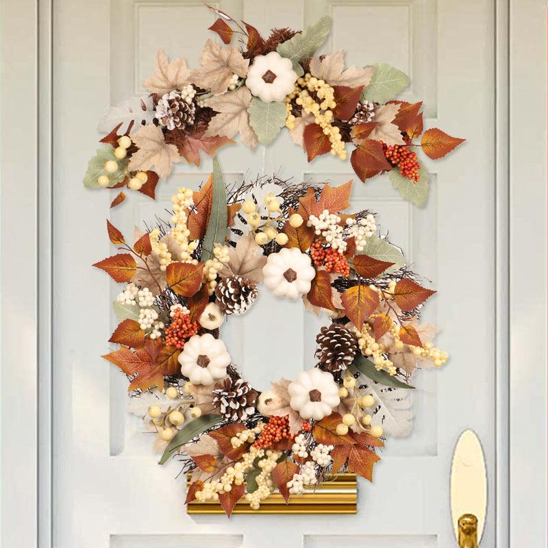 Autumn White Maple Leaf Pumpkin Wreath Rattan Lintel Flowers